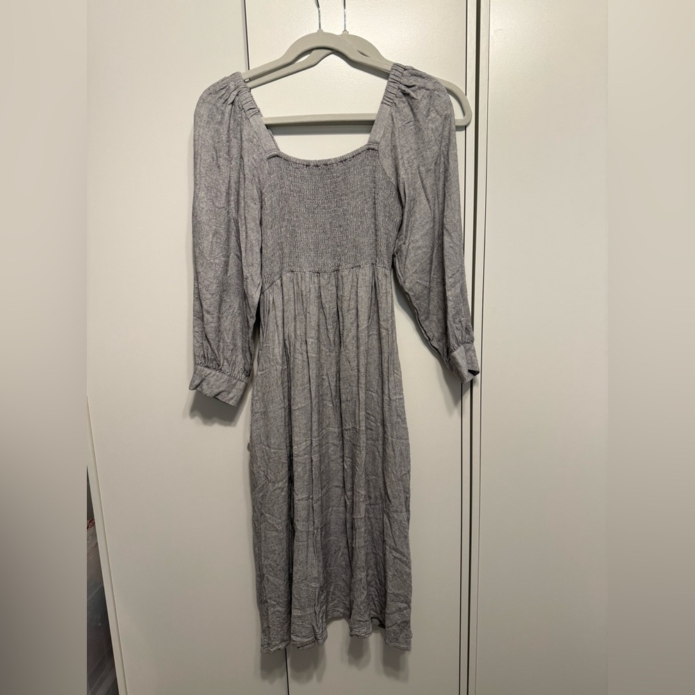 Madewell Gray Smocked Long Sleeve Midi Dress